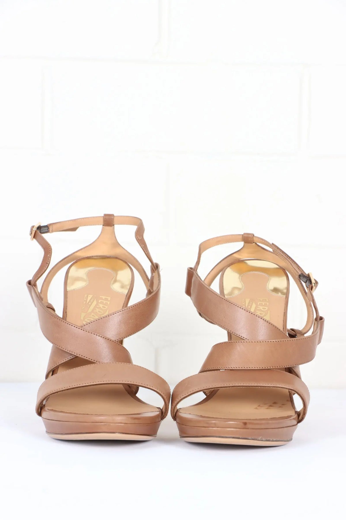 SALVATORE FERRAGAMO 'Bubina' Brown & Gold Strappy Leather Heels (9.5) Vintage Sole Melbourne