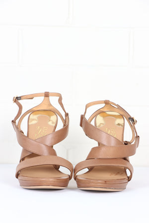 SALVATORE FERRAGAMO 'Bubina' Brown & Gold Strappy Leather Heels (9.5)