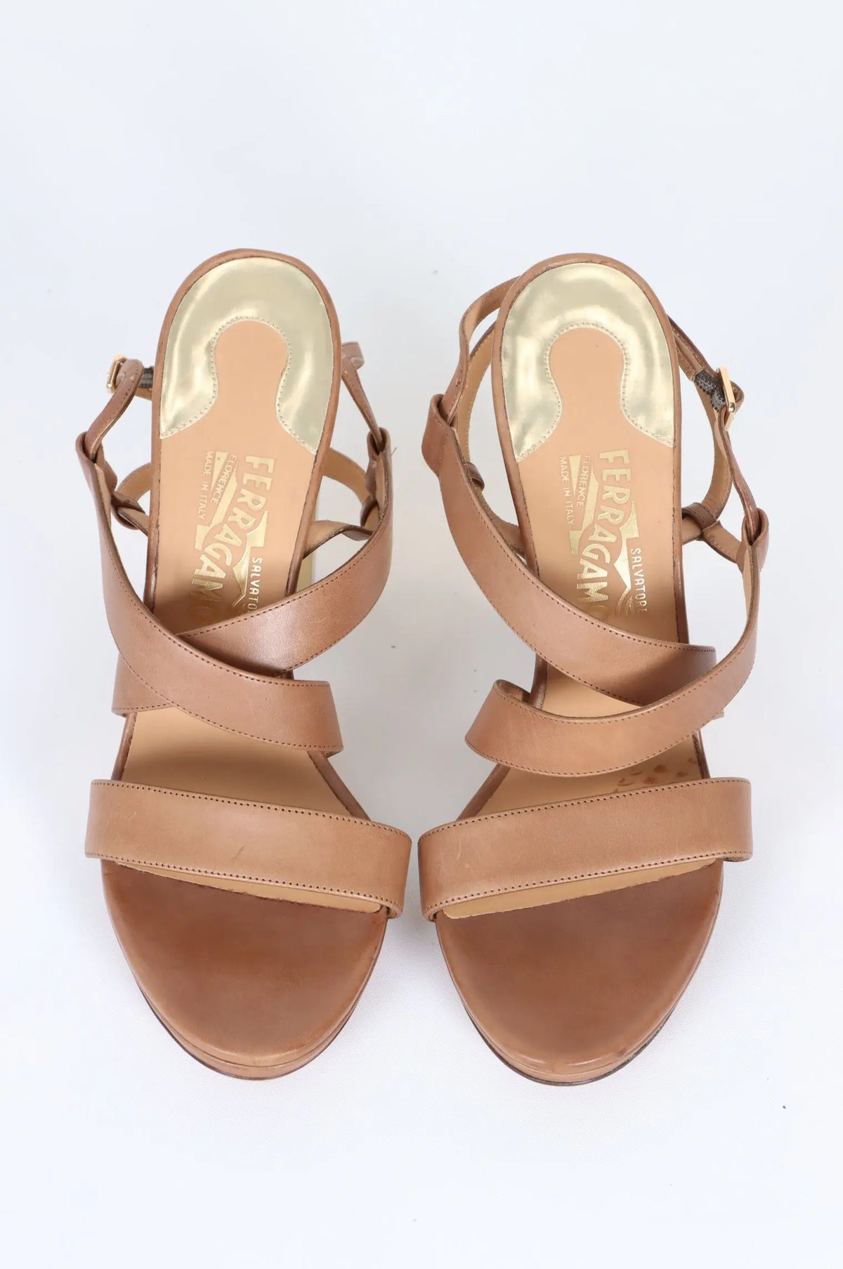 SALVATORE FERRAGAMO 'Bubina' Brown & Gold Strappy Leather Heels (9.5) Vintage Sole Melbourne