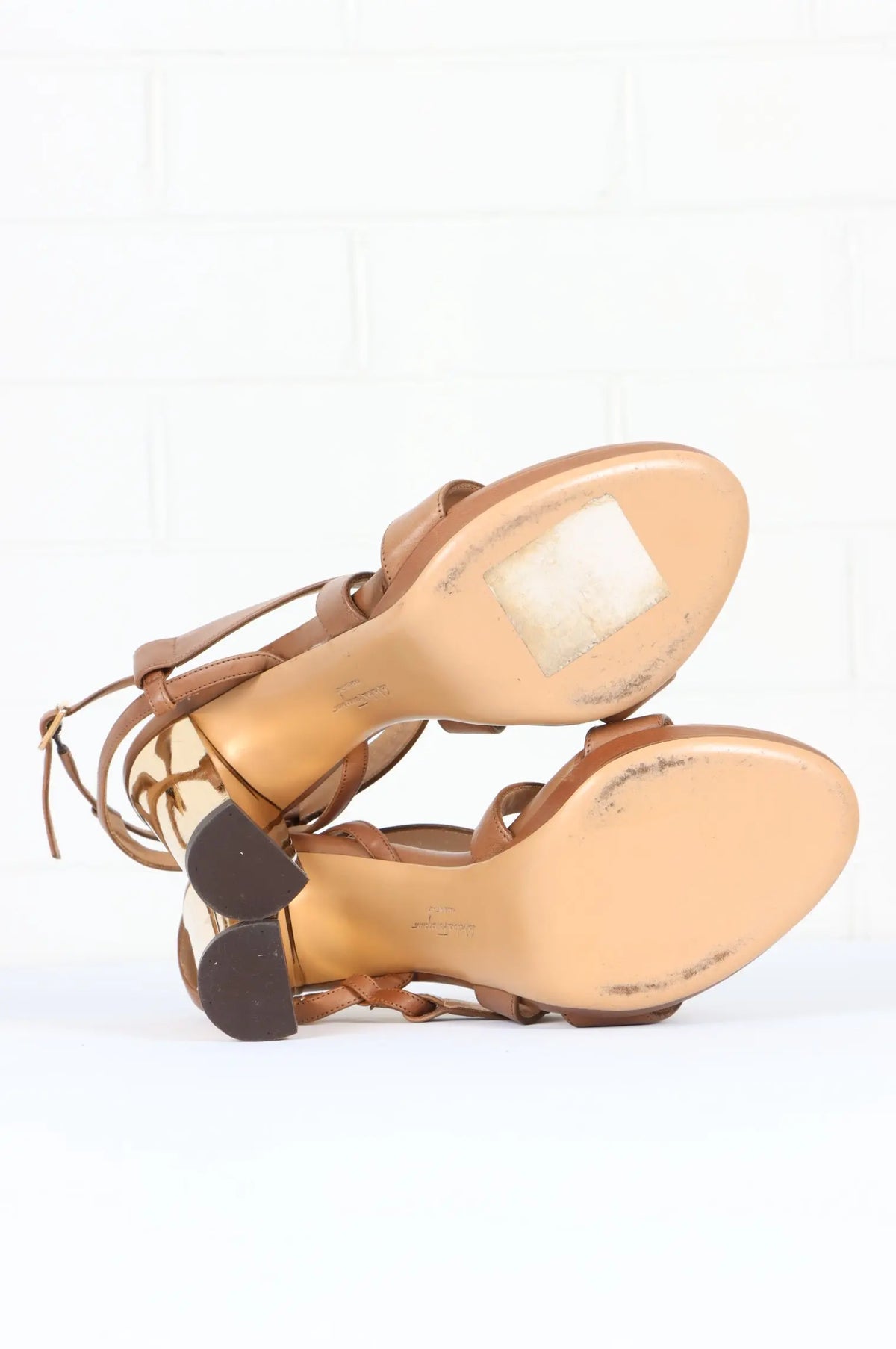 SALVATORE FERRAGAMO 'Bubina' Brown & Gold Strappy Leather Heels (9.5) Vintage Sole Melbourne