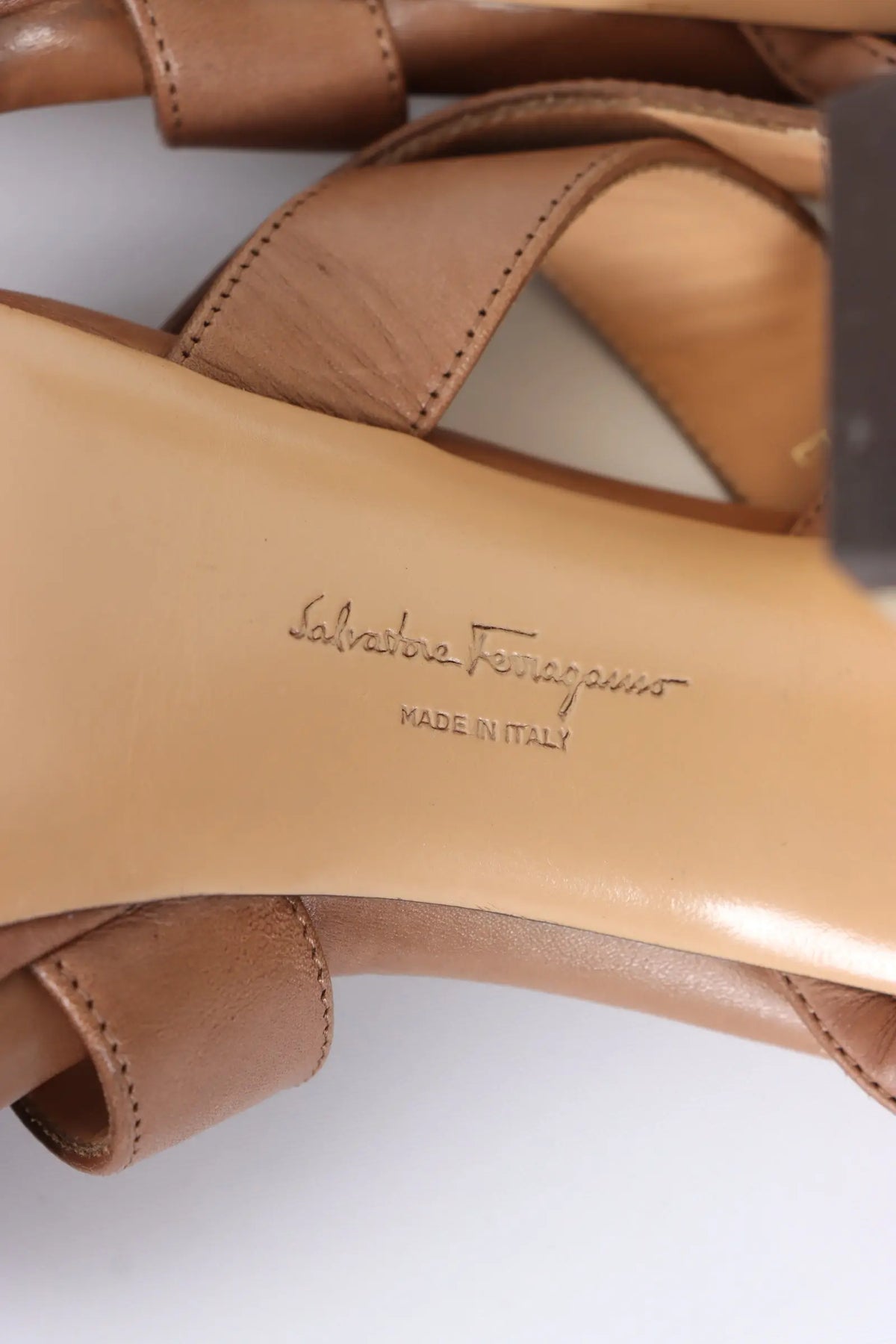 SALVATORE FERRAGAMO 'Bubina' Brown & Gold Strappy Leather Heels (9.5) Vintage Sole Melbourne