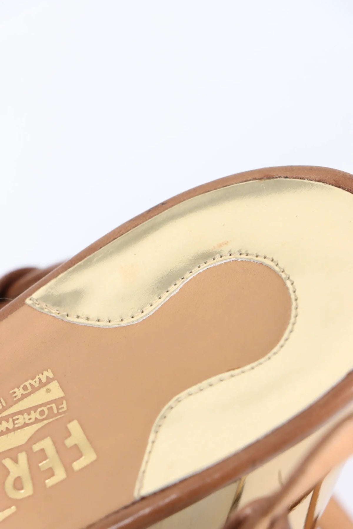 SALVATORE FERRAGAMO 'Bubina' Brown & Gold Strappy Leather Heels (9.5) Vintage Sole Melbourne
