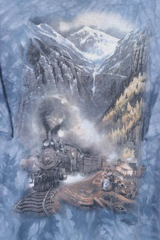 THE MOUNTAIN 1999 Ted Blaylock Train Scene Tie Dye Blue T-Shirt (XL) Vintage Sole Melbourne