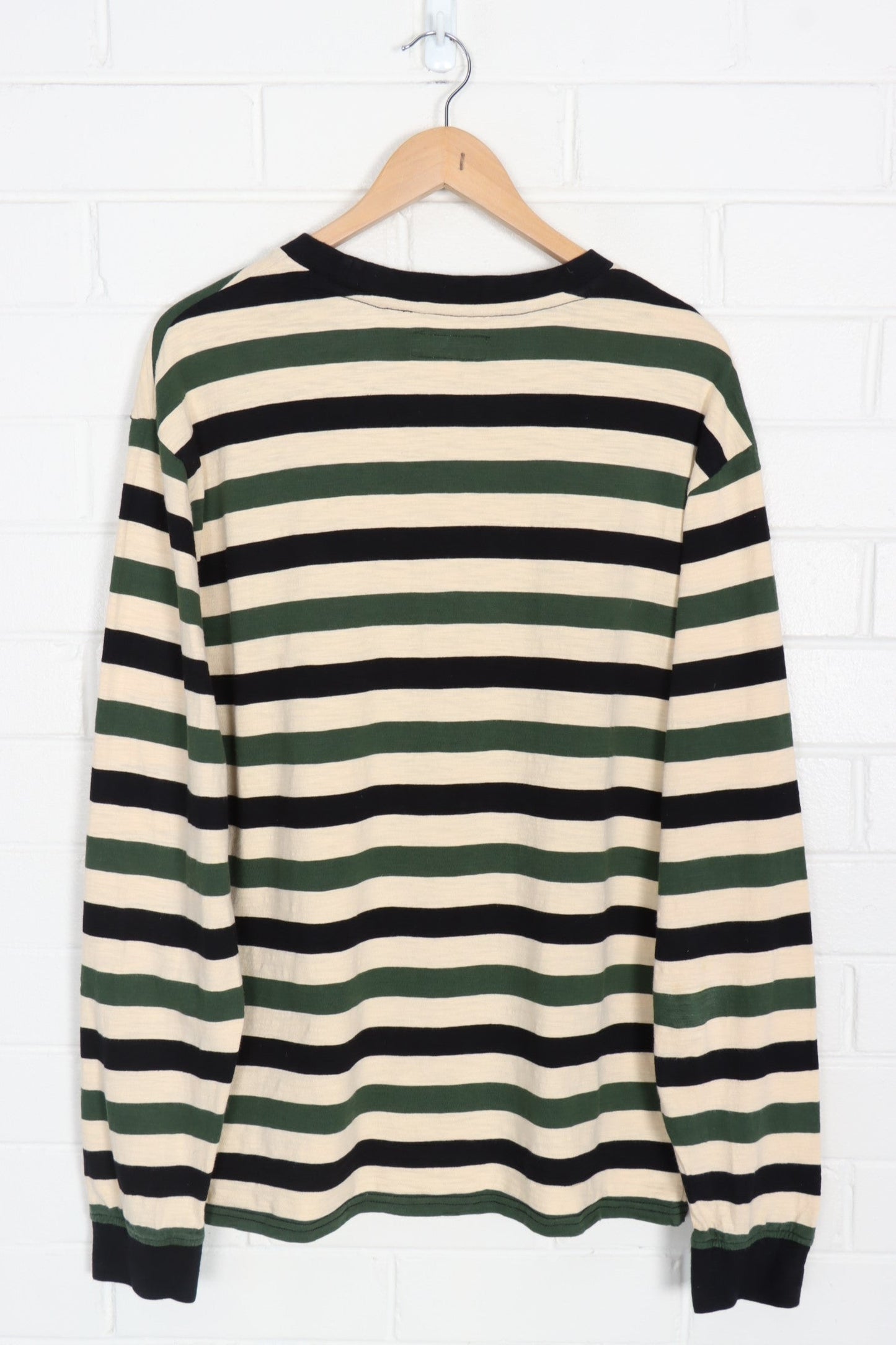 GUESS Embroidered Green Black & Beige Striped Long Sleeve T-Shirt (L-XL)