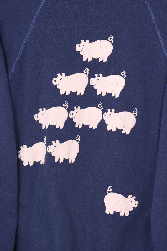 Navy Pink 3D Puff Pig Front & Back Animal 50/50 Sweatshirt (L)