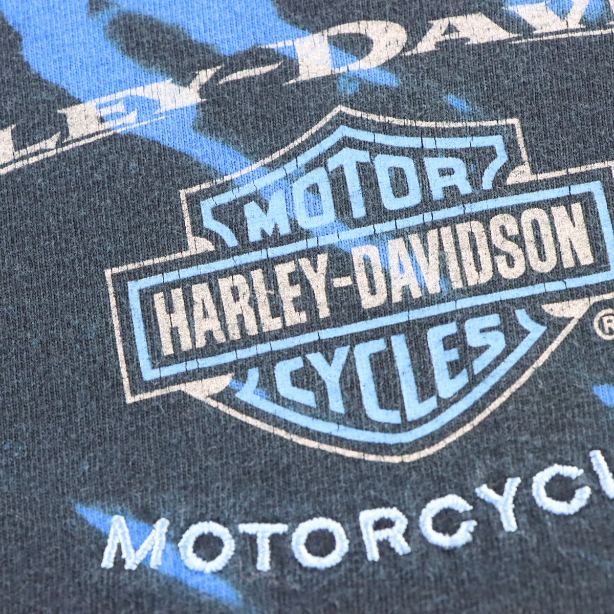 Vintage HARLEY DAVIDSON Shimmer Spell Out Logo Black & Blue Embroidered "Motorcycles" Tee (XL)