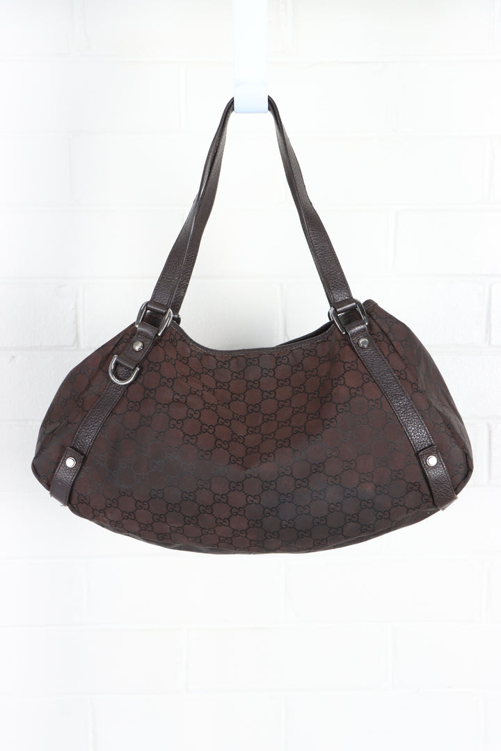 GUCCI 'Abbey' Brown Monogram Canvas & Leather Hobo Tote Bag