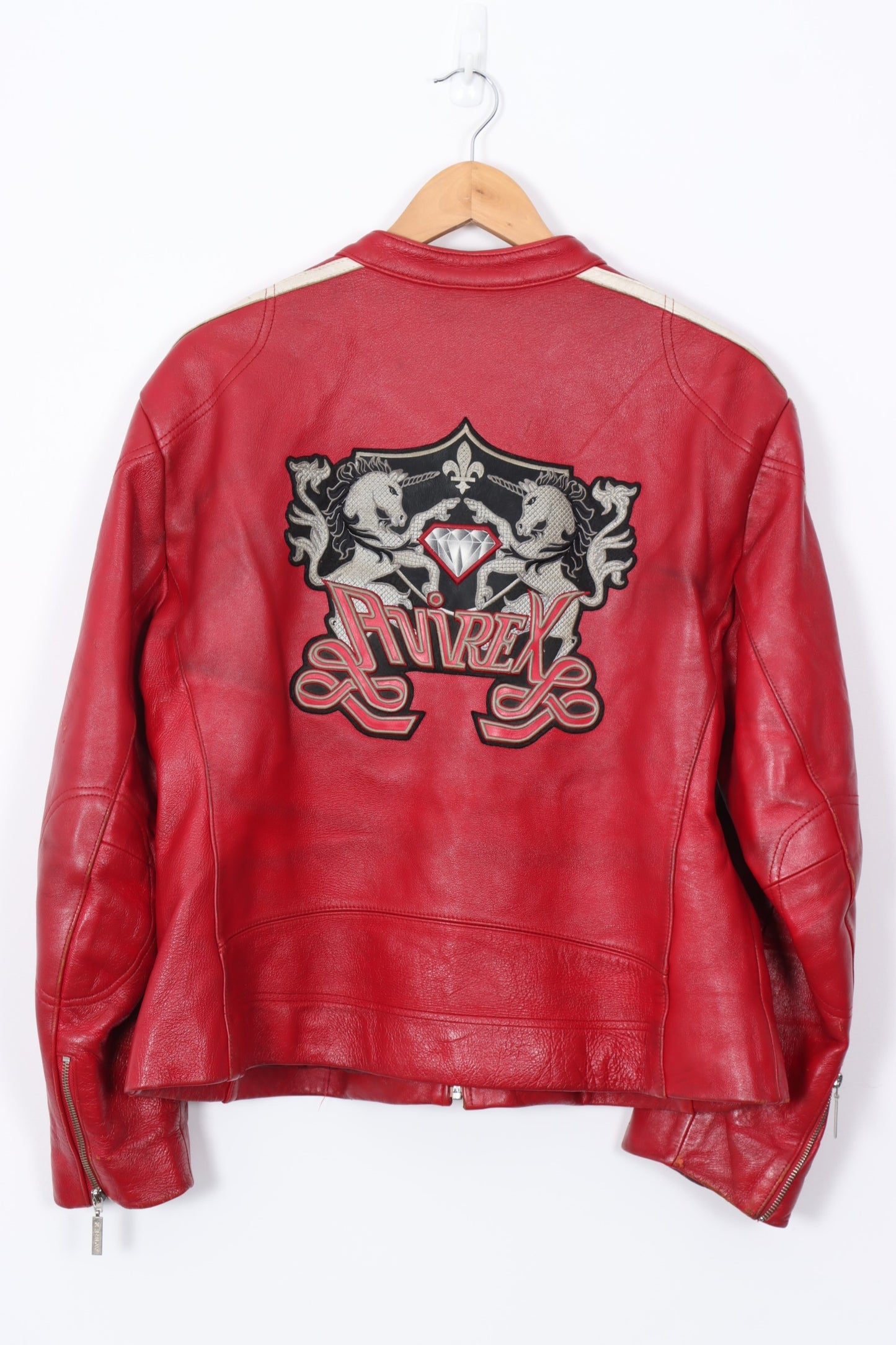 AVIREX Red & White Embroidered Patch Leather Jacket (Women's XXL)