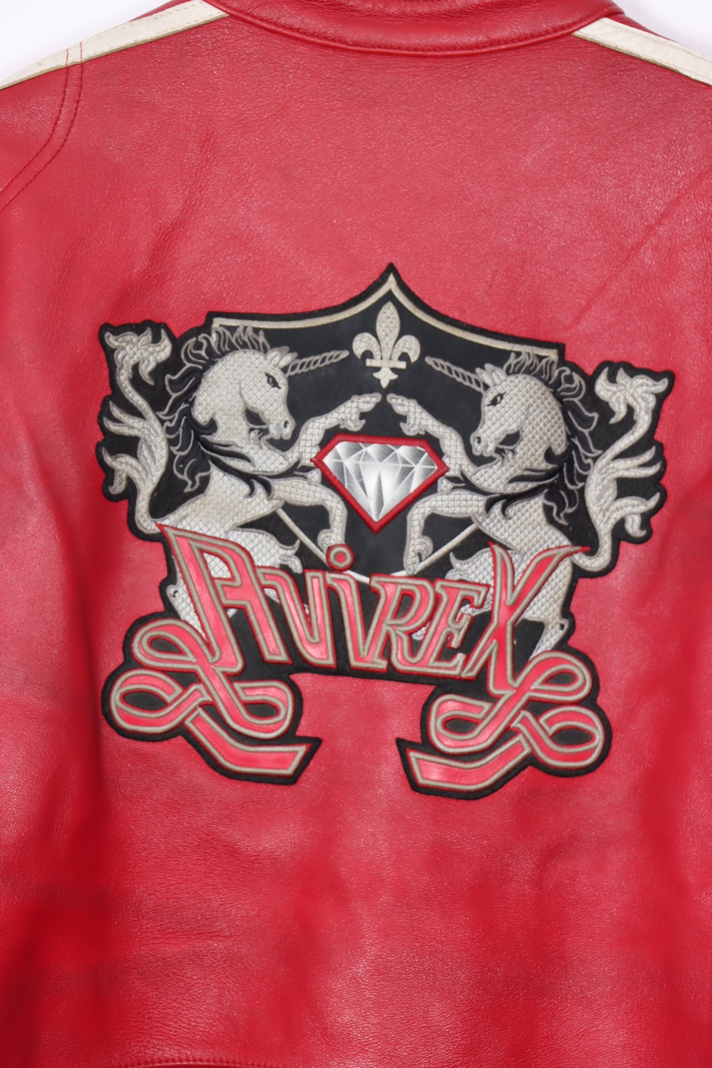 AVIREX Red & White Embroidered Patch Leather Jacket (Women's XXL)