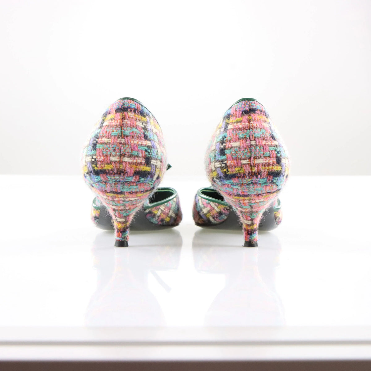 Vintage MIU MIU Multicolour Tweed & Green Leather Italian Made Slingback Kitten-Heels (38)