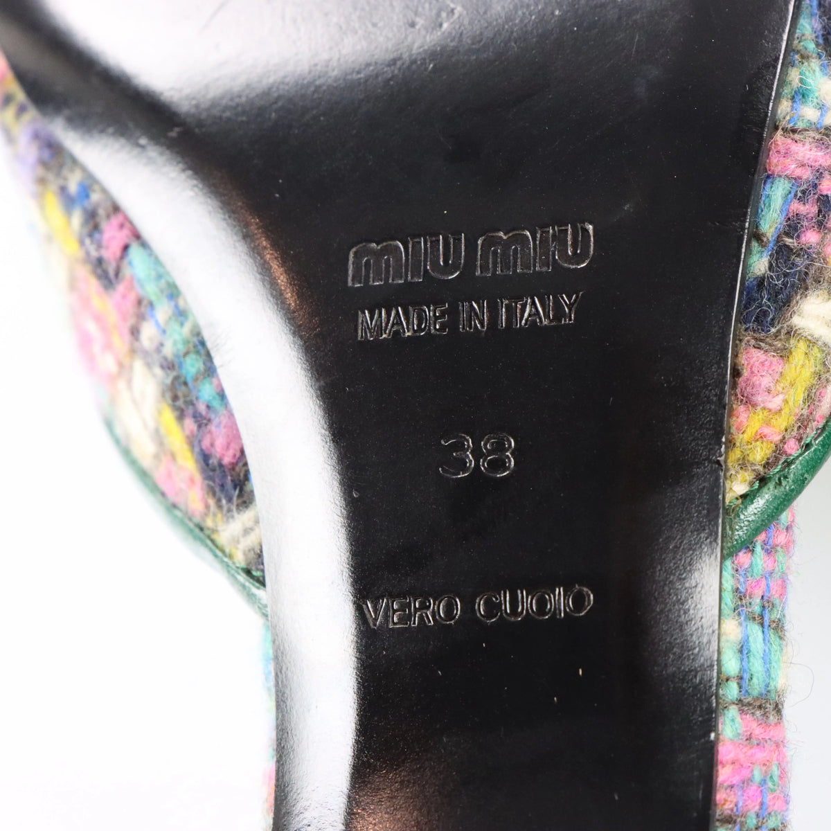 Vintage MIU MIU Multicolour Tweed & Green Leather Italian Made Slingback Kitten-Heels (38)