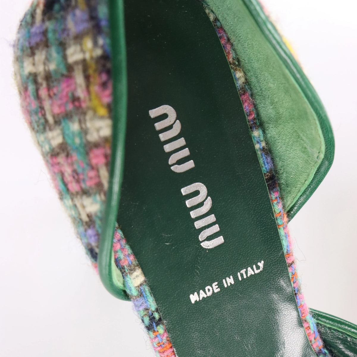 Vintage MIU MIU Multicolour Tweed & Green Leather Italian Made Slingback Kitten-Heels (38)