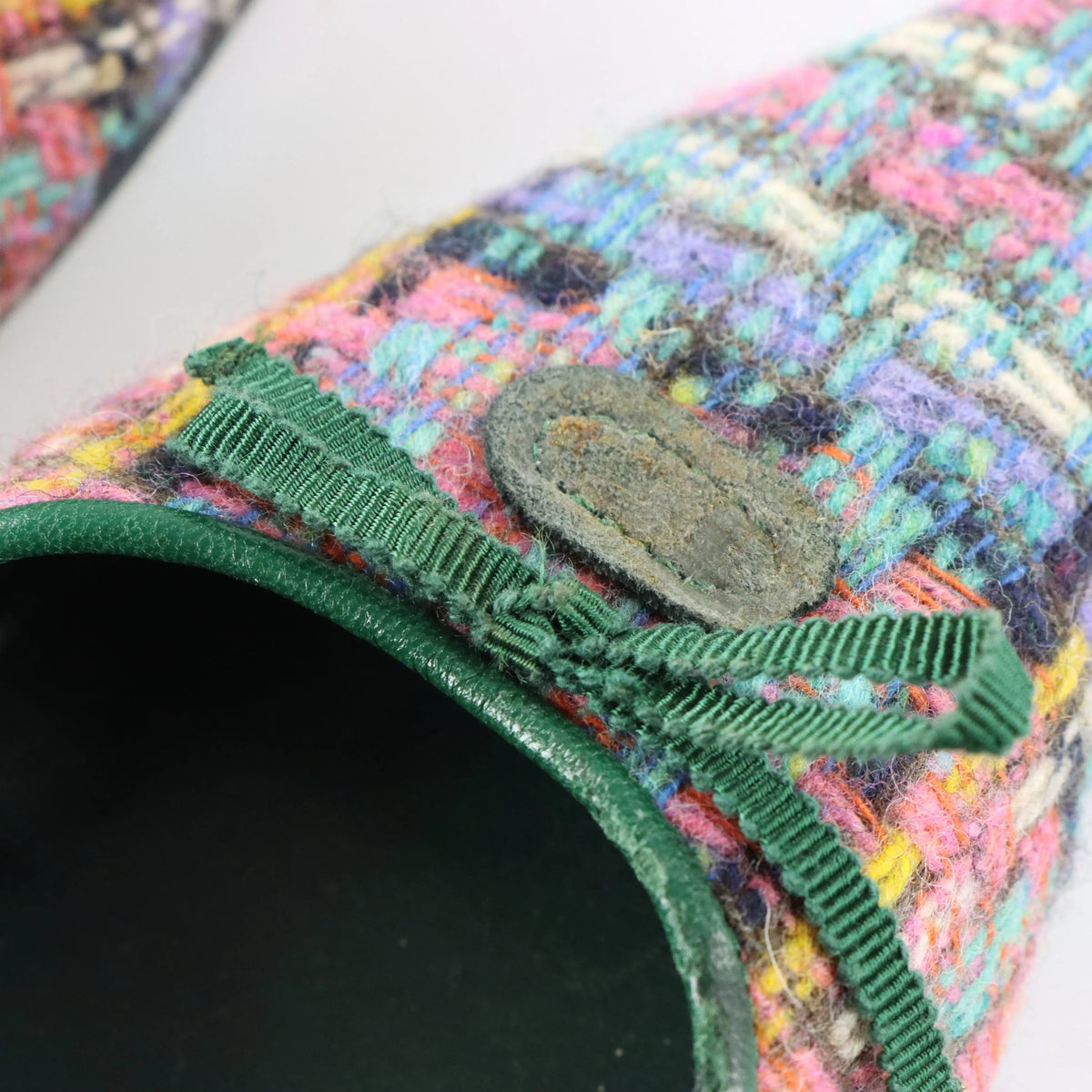 Vintage MIU MIU Multicolour Tweed & Green Leather Italian Made Slingback Kitten-Heels (38)