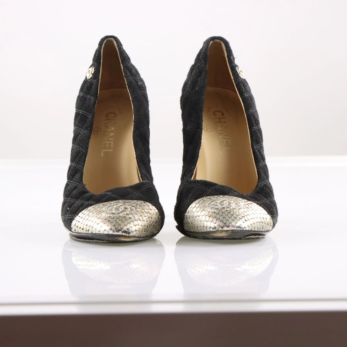 Vintage CHANEL Black Suede & Python CC Logo Cap Toe Pump Heels (37.5)