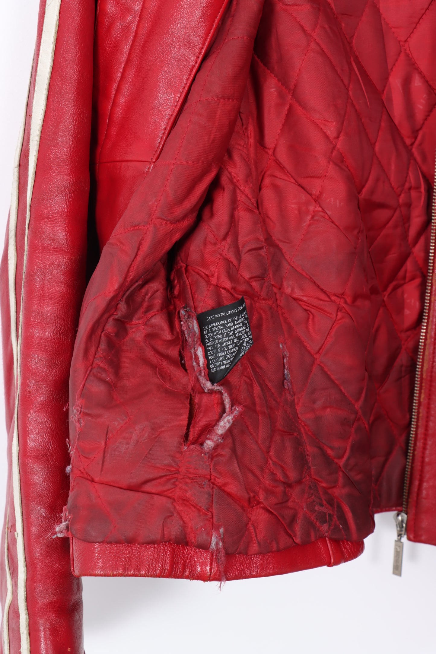 AVIREX Red & White Embroidered Patch Leather Jacket (Women's XXL)