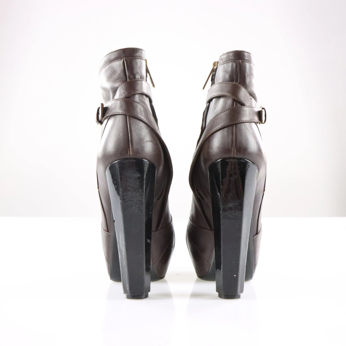 Vintage VERSACE Brown Leather Italian Made Buckle Strap Ankle Boot Heels (37.5)