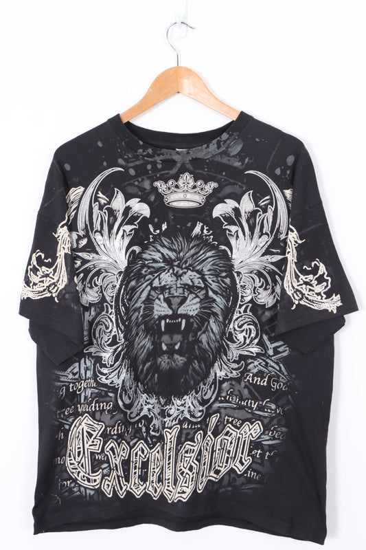 'Excelsior' Y2K Style All Over Graphic Lion T-Shirt (XL)