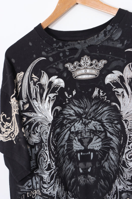 'Excelsior' Y2K Style All Over Graphic Lion T-Shirt (XL)