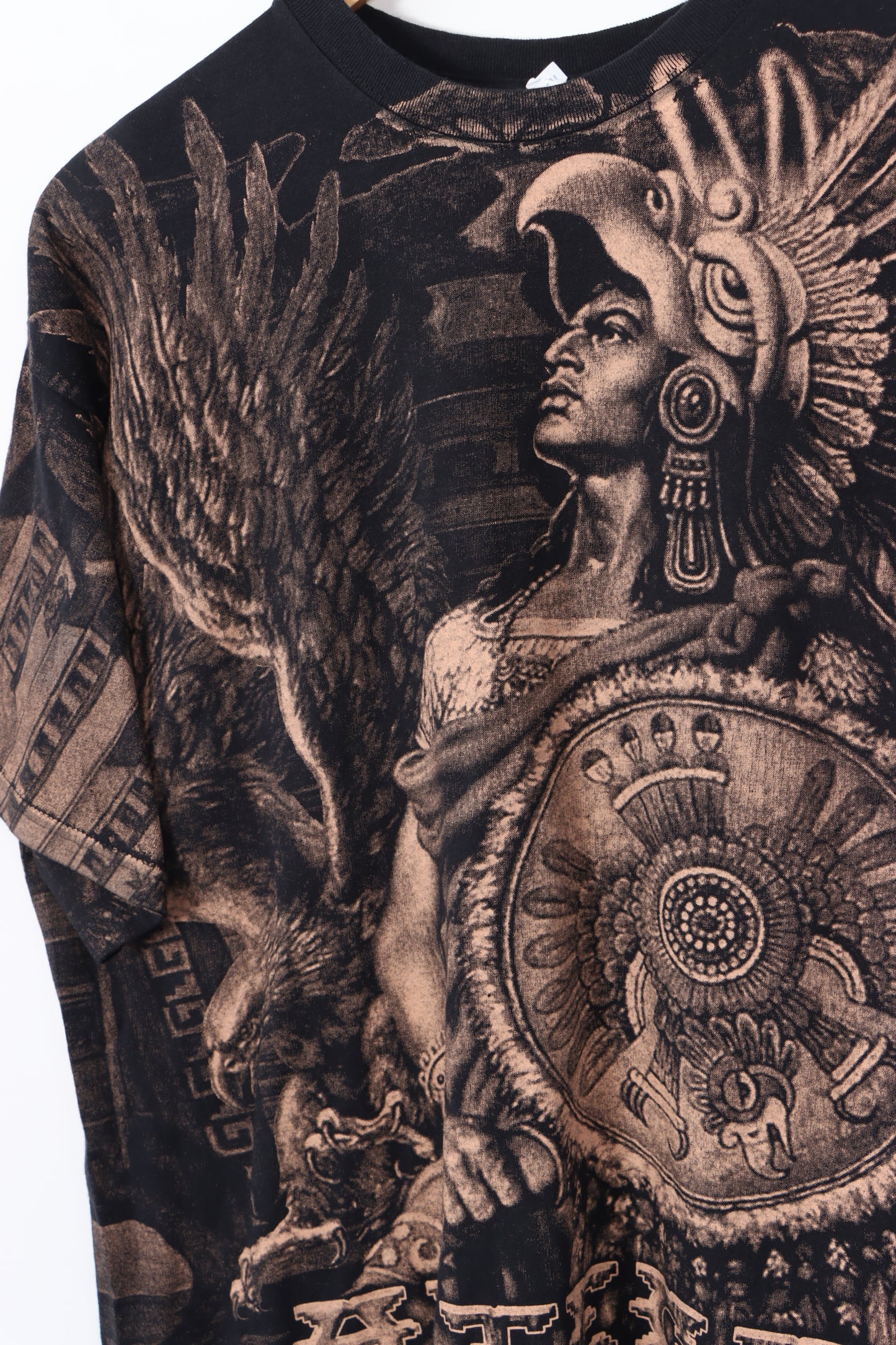Azteca Eagle Warrior Large All Over Graphic Black T-Shirt (L)