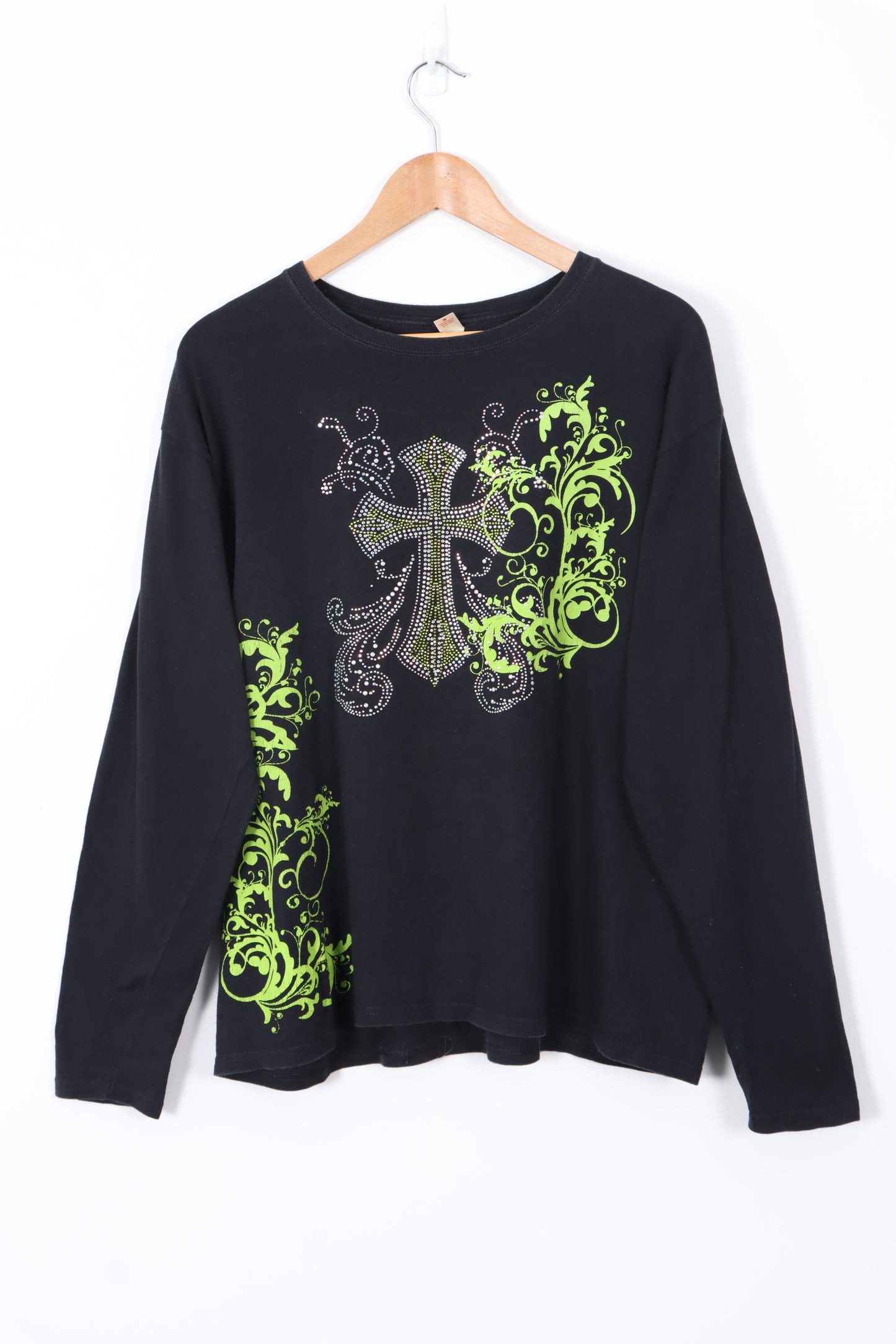 Green Embellished Cross Long Sleeve Y2K Style T-Shirt (XL)