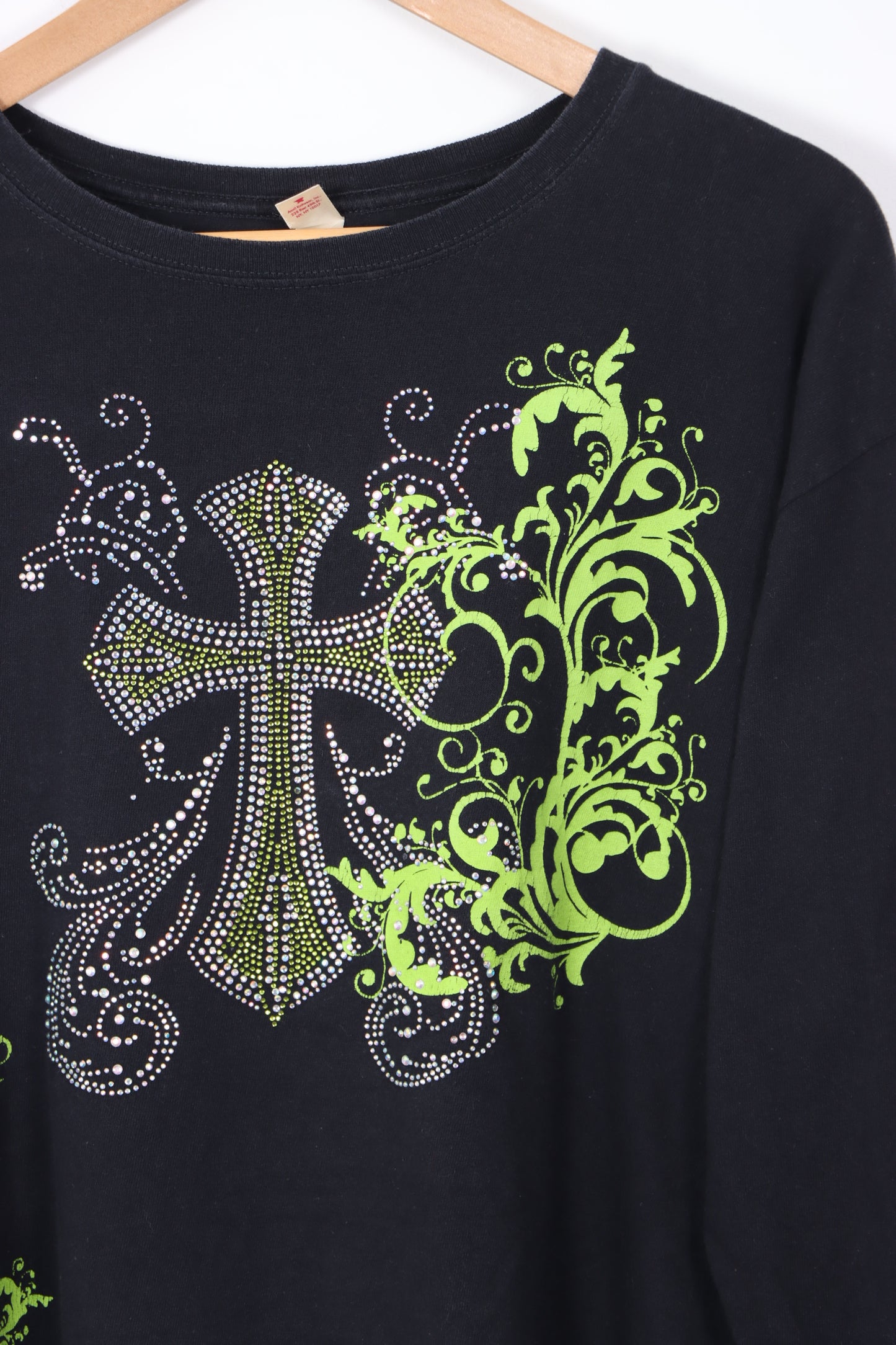 Green Embellished Cross Long Sleeve Y2K Style T-Shirt (XL)