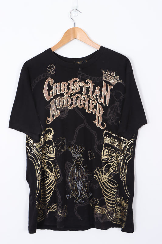 CHRISTIAN AUDIGIER Y2K Style Metallic USA Made Black Tee (L)