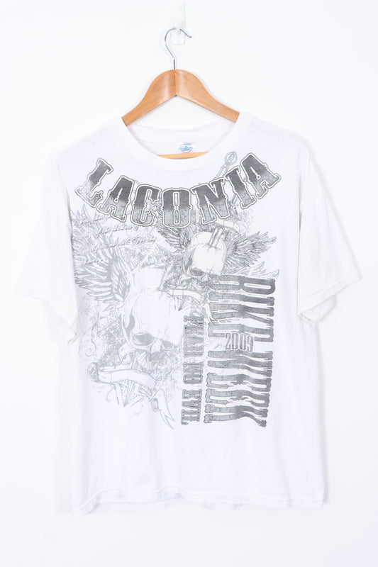 Laconia New Hampshire Gothic Skull Graphic Print White Y2K T-Shirt (L)