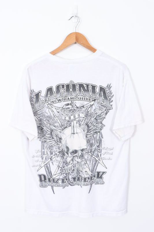 Laconia New Hampshire Gothic Skull Graphic Print White Y2K T-Shirt (L)