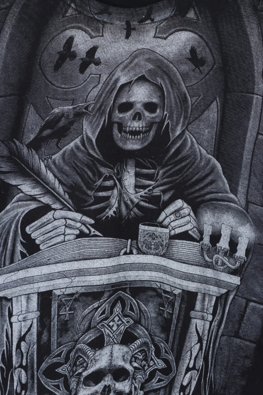 Large Caped Skeleton Graphic Print Black Y2K Style T-Shirt (L) Vintage Sole Melbourne