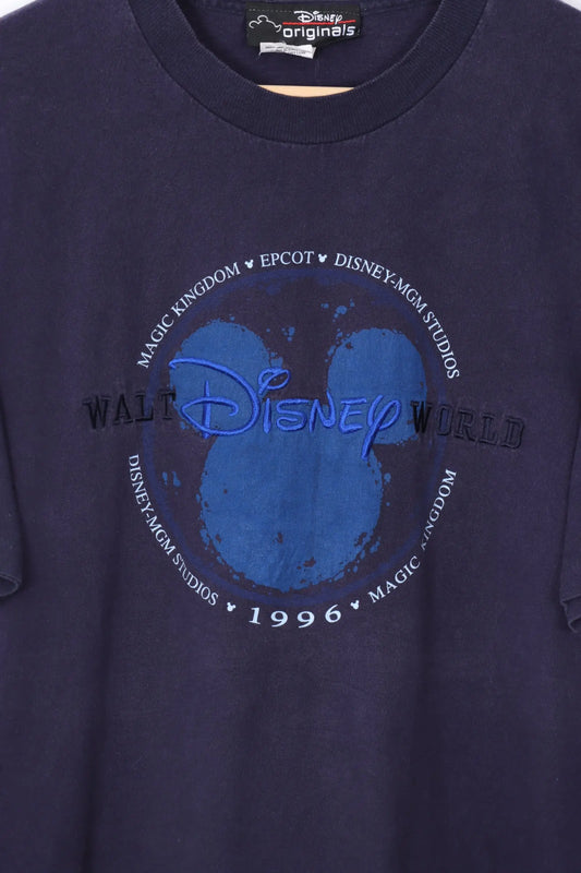 1996 Vintage Walt Disney World Navy Embroidered Mickey Tee (L-XL) Vintage Sole Melbourne