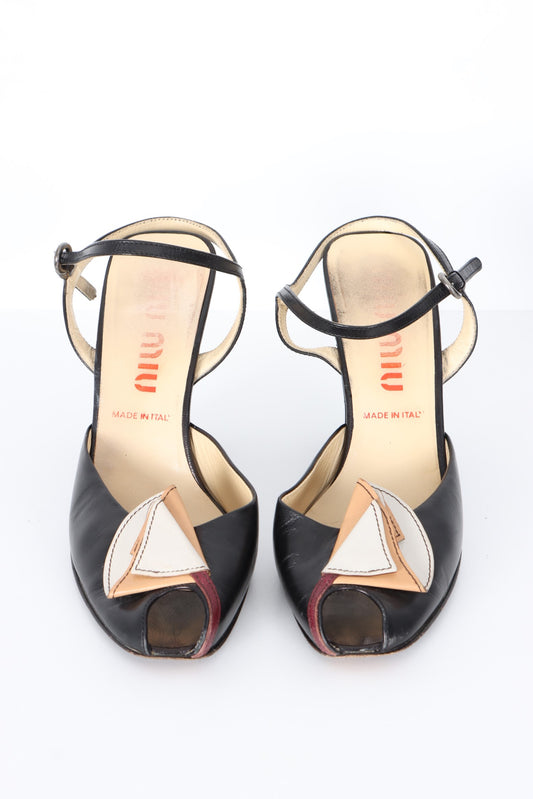 MIU MIU Leather Flower Peep Toe Slingback Heels (37.5)