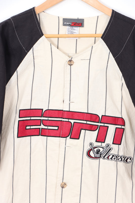 ESPN Classic Baseball Style Linen Blend Stripe Short Sleeve Shirt (L)