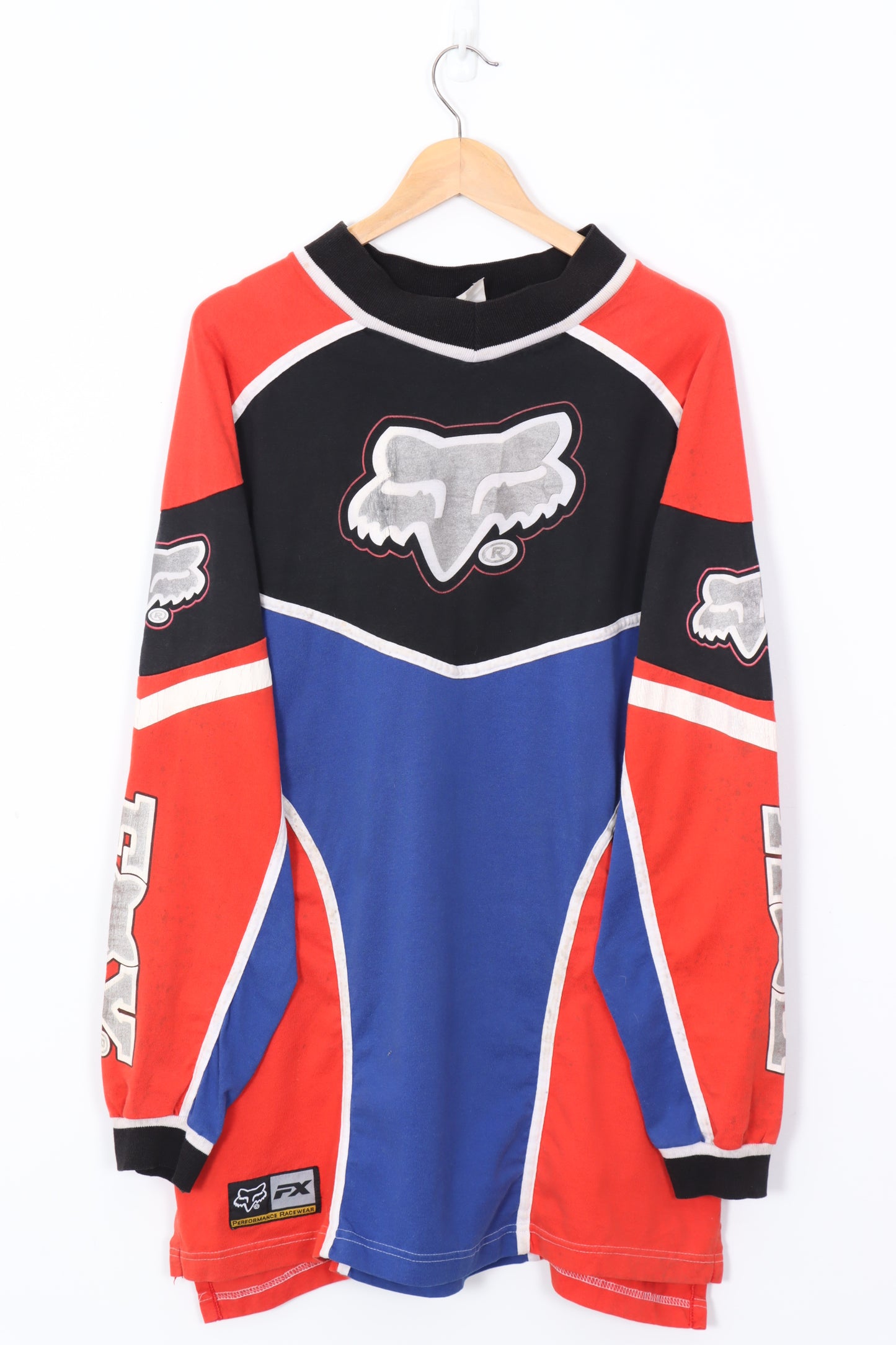 FOX RACING Red & Blue All Over Long Sleeve T-Shirt USA Made (L)