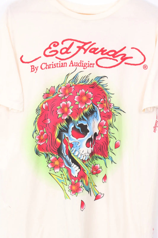 Y2K ED HARDY Skull Red & Cream Christian Audigier Tee (L) Vintage Sole Melbourne