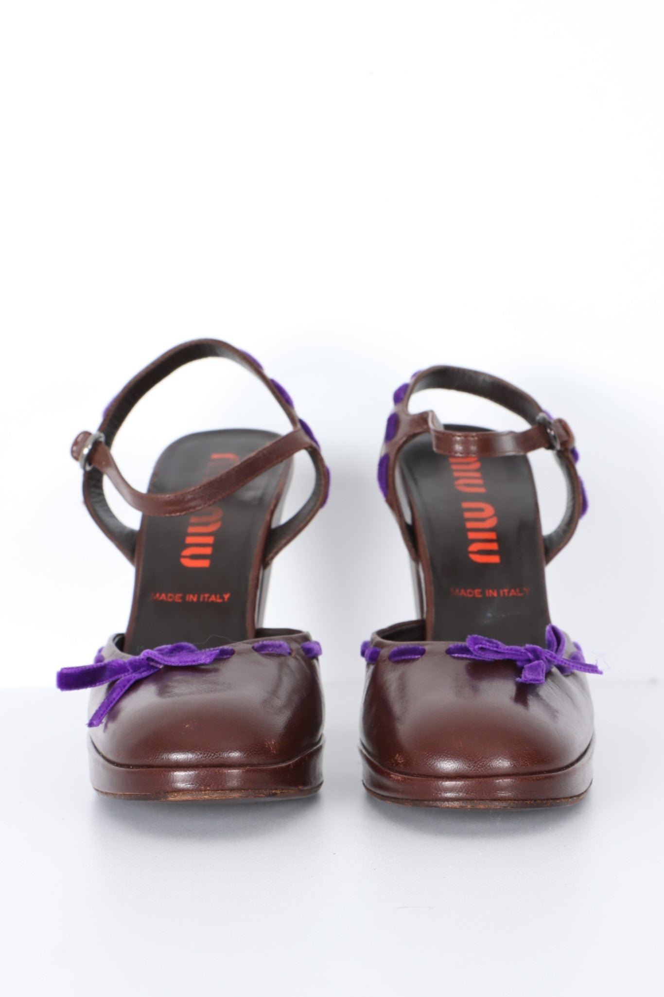 MIU MIU Velvet Bow Brown Leather Mary Jane Heels (37)