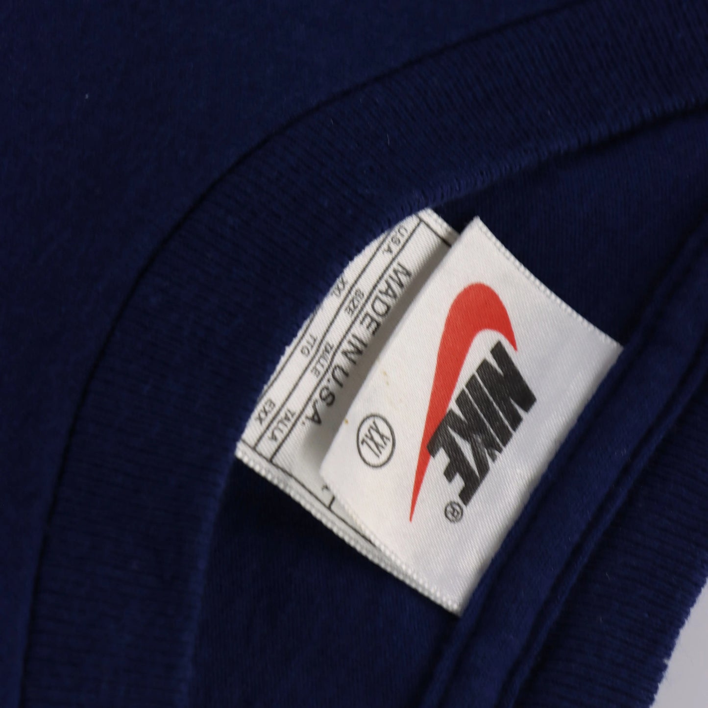 Vintage NIKE Embroidered Rectangular Centre Swoosh Logo Navy USA Made T-Shirt (XXL)