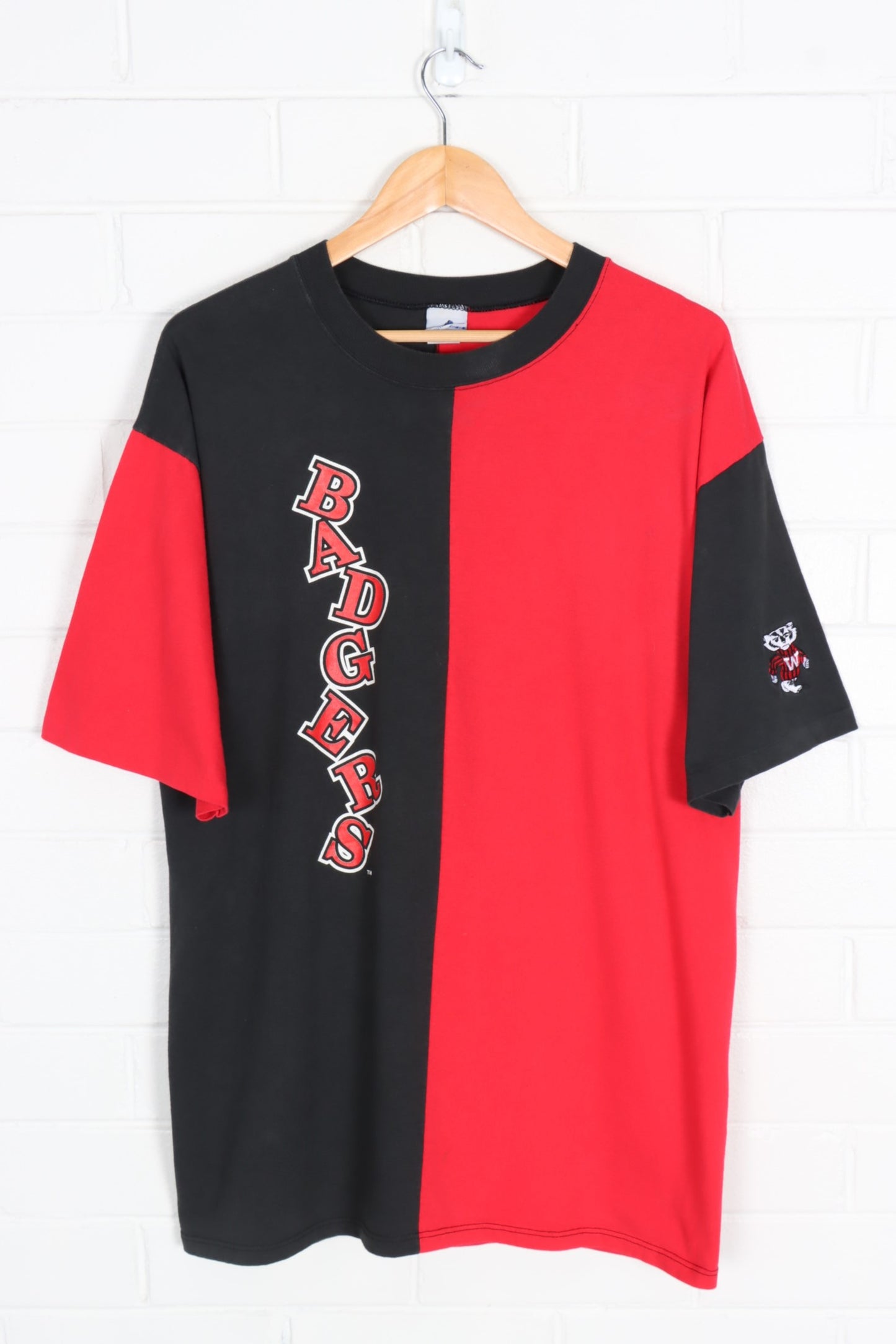 Wisconsin Badgers College Sport Red & Black Panel USA Made Tee (XL)