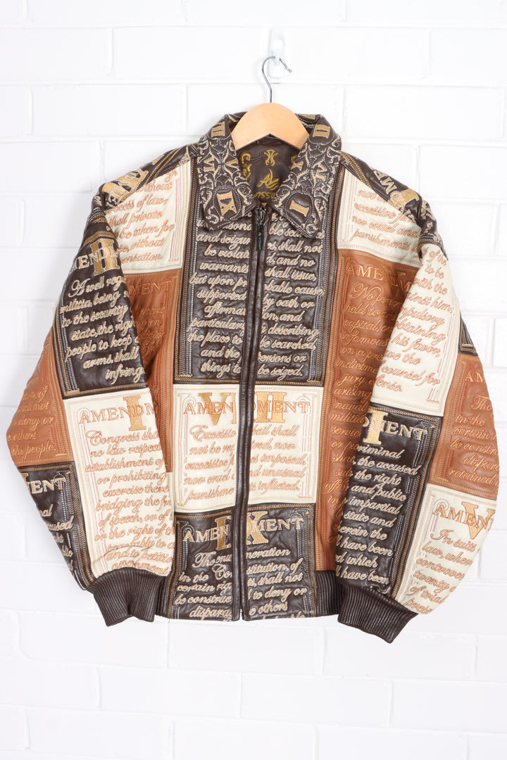 AL WISSAM Bill of Rights Amendment Embroidered Patchwork Leather Jacket (L)