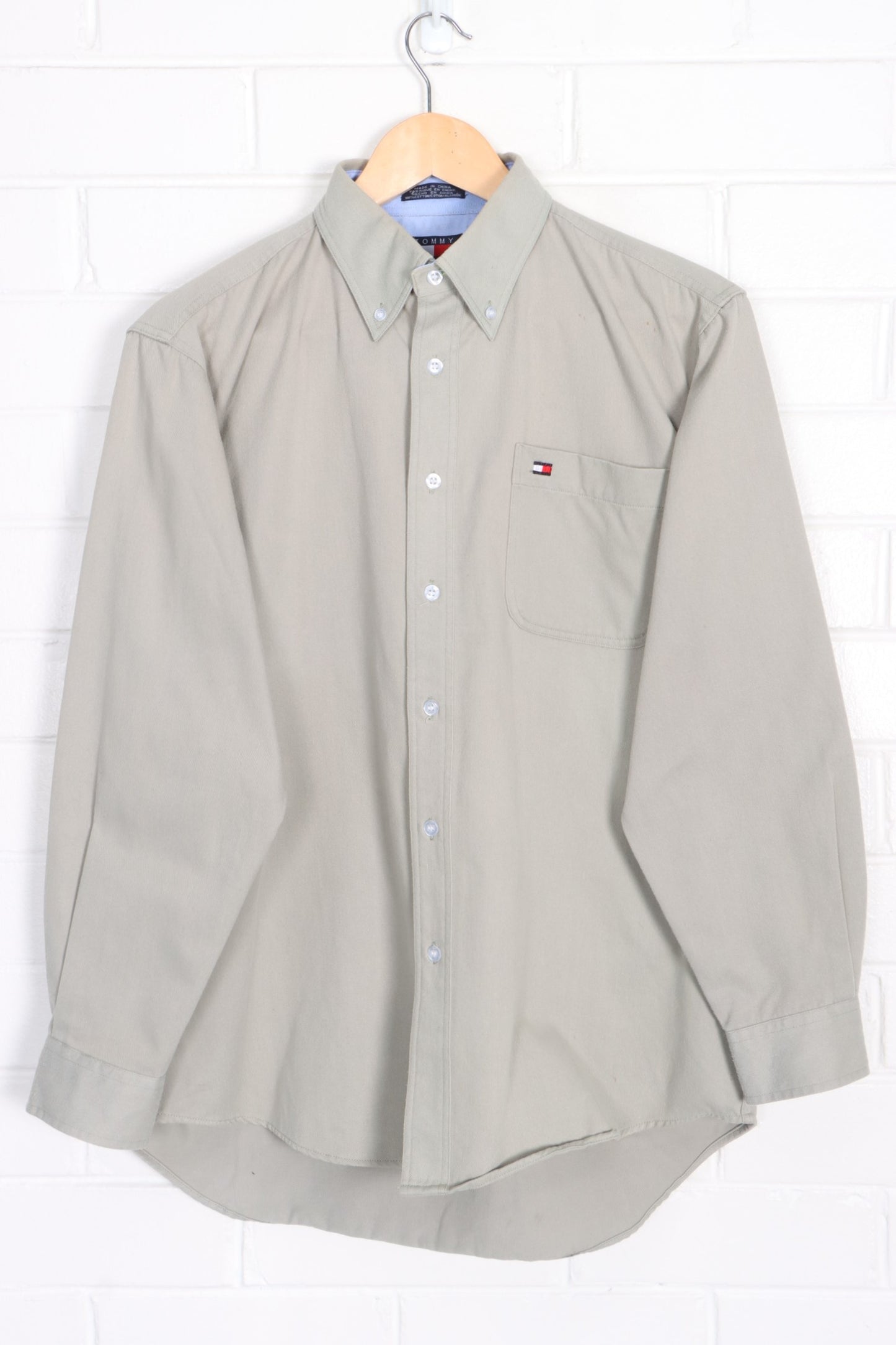TOMMY HILFIGER Light Khaki Green Button Up Shirt (L) - Vintage Sole Melbourne