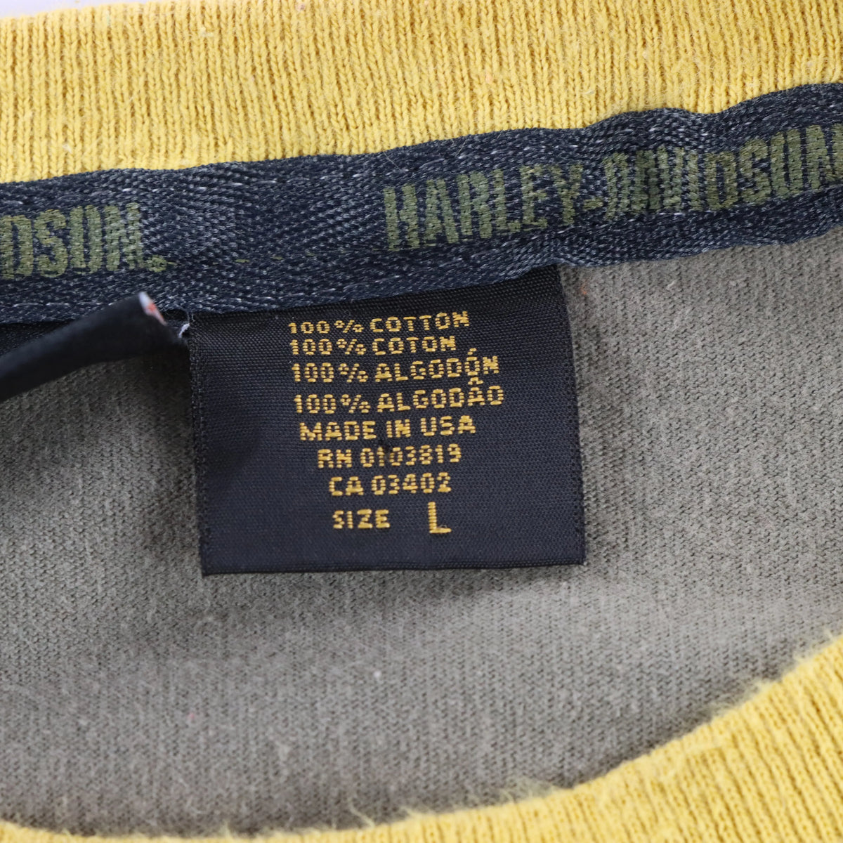 HARLEY DAVIDSON Khaki & Mustard Yellow Embroidered Logo Milwaukee Ringer Tee USA Made (L) Vintage Sole Melbourne