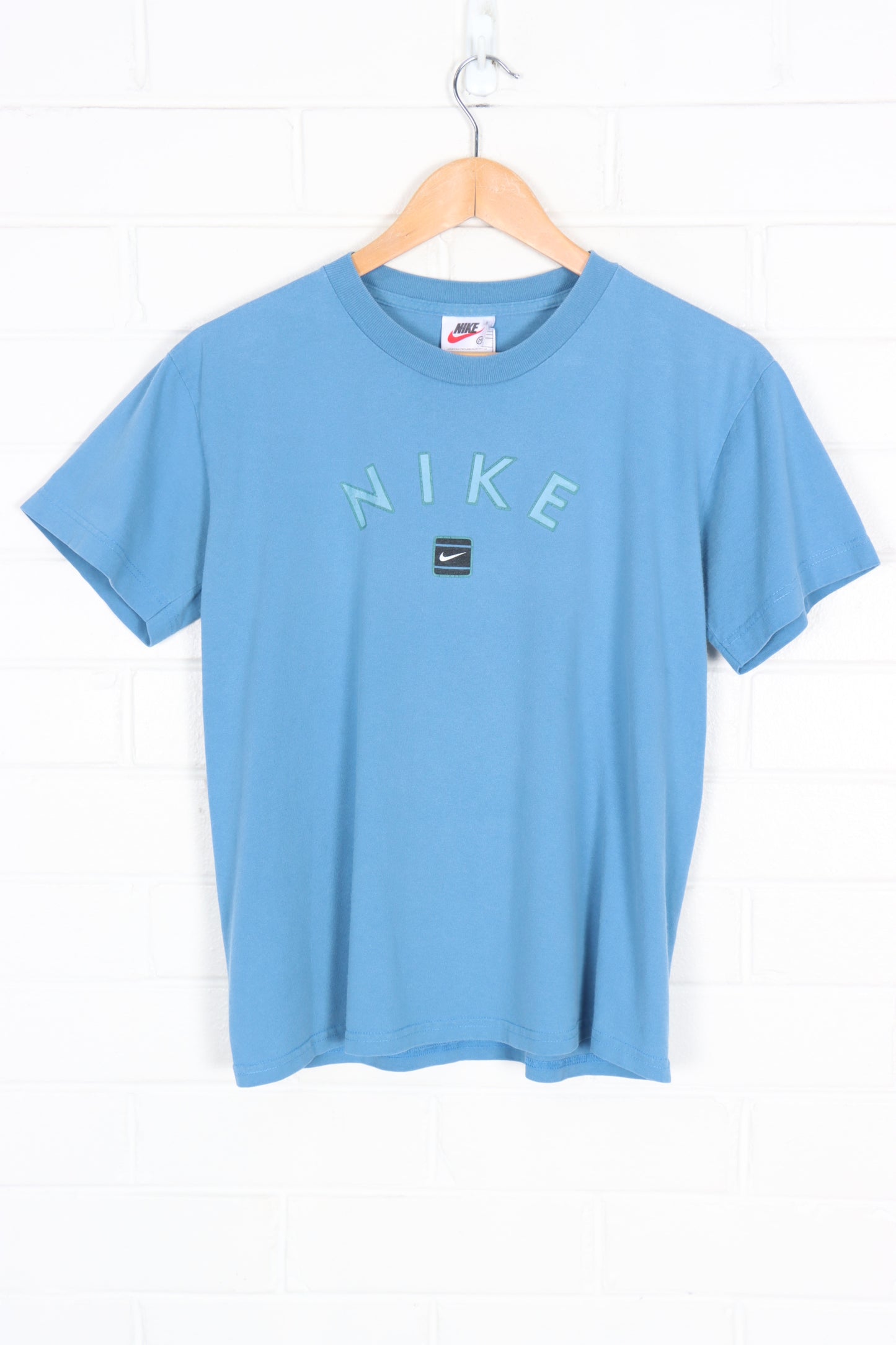 NIKE Blue Swoosh Spell Out T-Shirt USA Made (Women's S-M)
