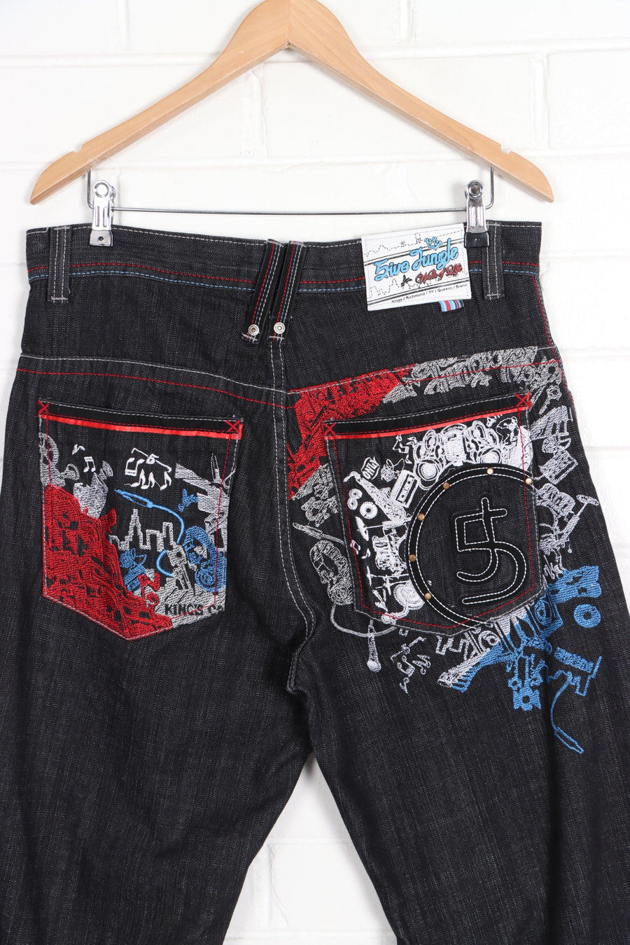 5IVE JUNGLE Contrast Stitch Y2K Embroidered Music Jeans (36)