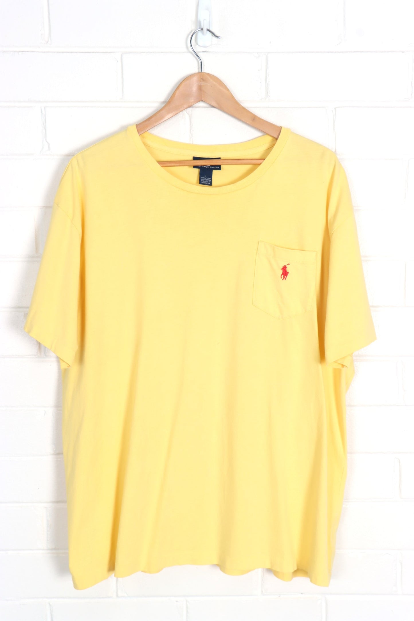POLO RALPH LAUREN Yellow & Red Embroidered Single Stitch Pocket Tee (XL) - Vintage Sole Melbourne