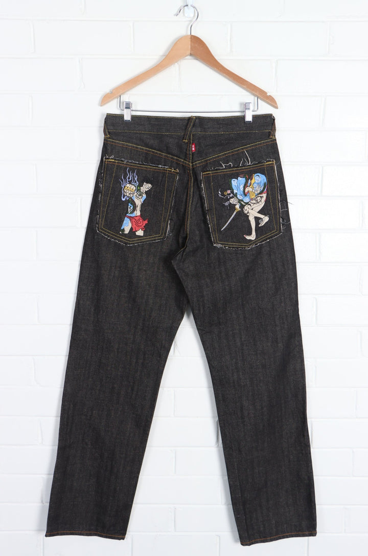 RMC RED MONKEY Embroidered Characters Button Fly Jeans (34) - Vintage Sole Melbourne