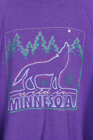 Vintage 1989 'Wild in Minnesota' Wolf Colourful Sweatshirt USA Made (XL)
