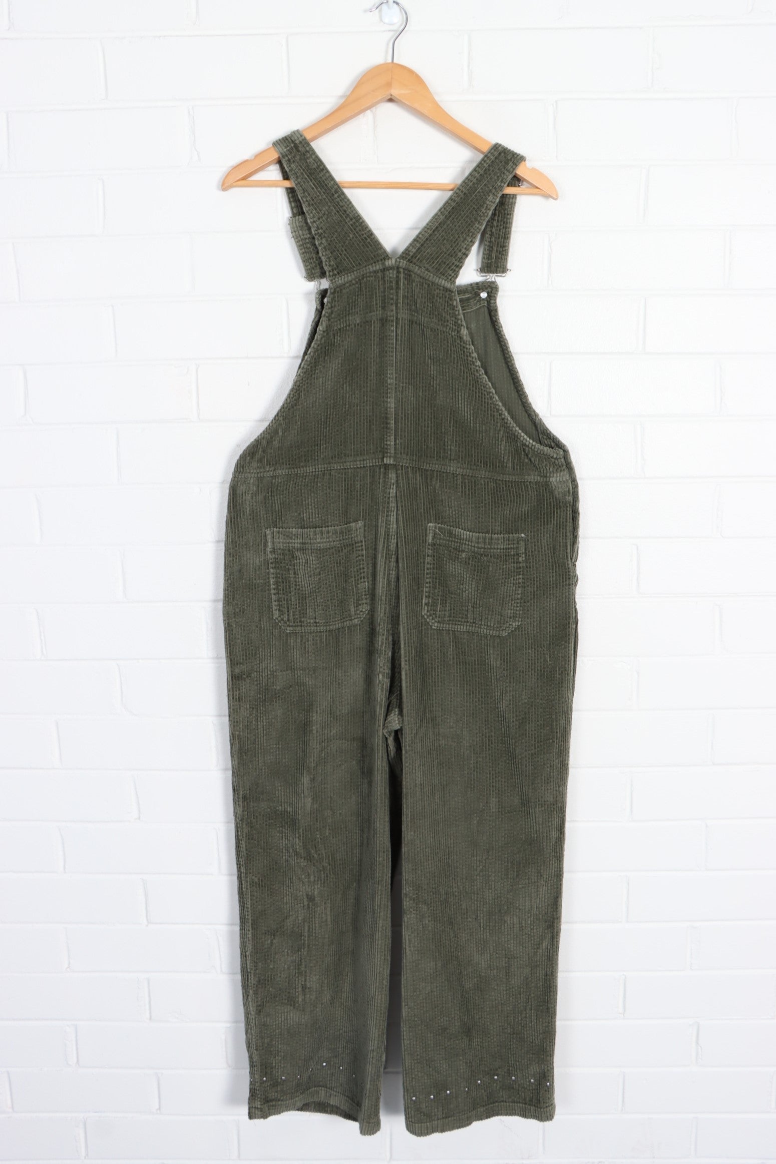 Olive Green Studded Corduroy Long Overalls (M) - Vintage Sole Melbourne