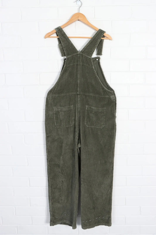 Olive Green Studded Corduroy Long Overalls (M) - Vintage Sole Melbourne
