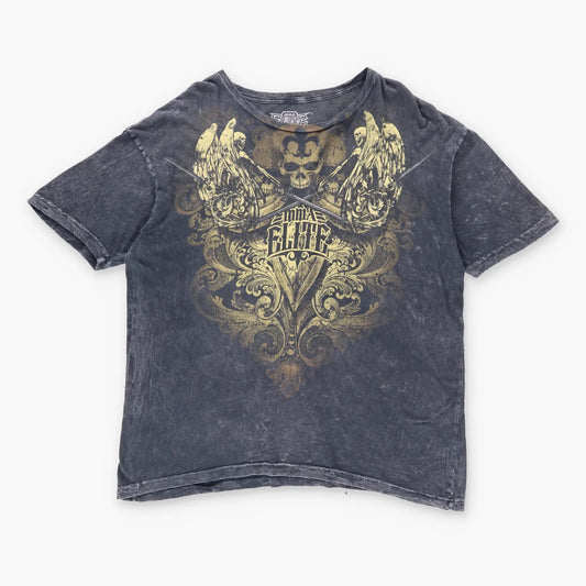 ELITE MMA Y2K Skull Grunge Yellow & Grey Faded Vintage T-Shirt (XXL)