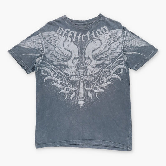 Y2K AFFLICTION Skull Cross Grunge USA Made Vintage Grey T-Shirt (L)