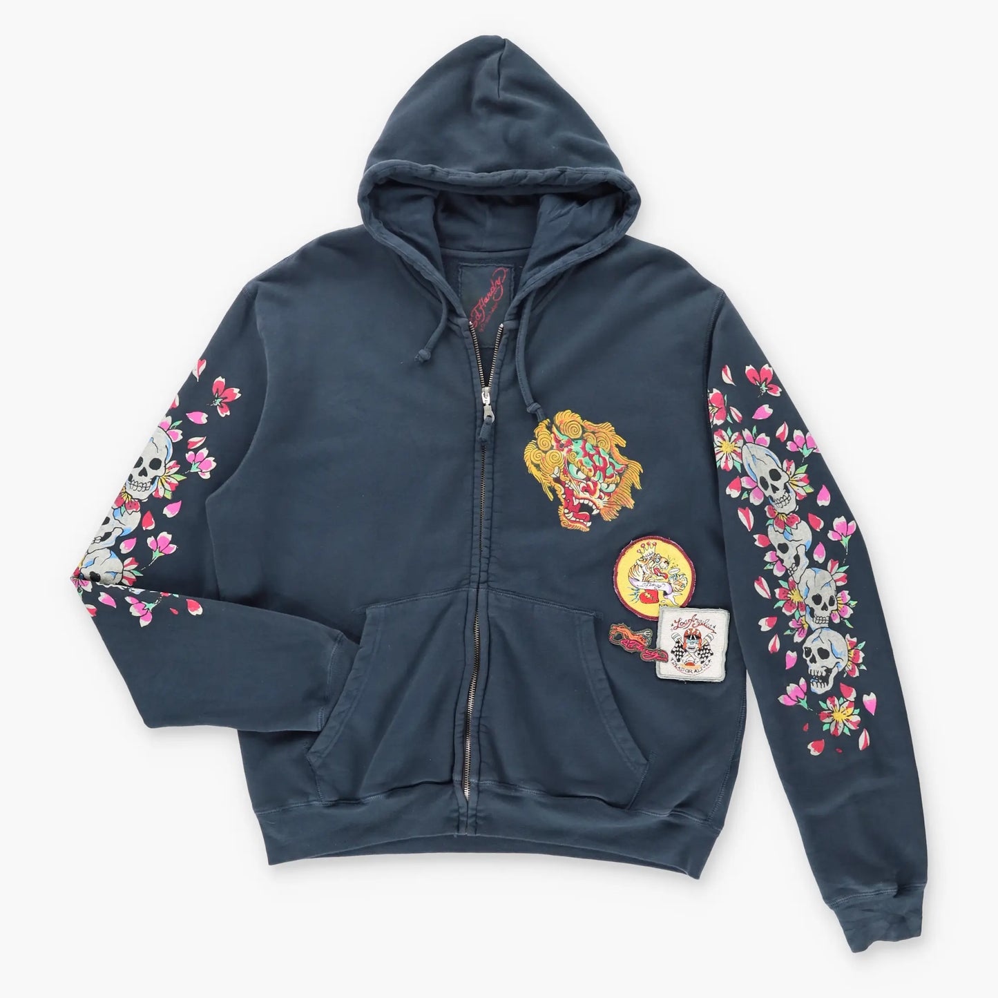 Vintage ED HARDY Embroidered Patch Cherry Blossom Skull Christian Audigier Hoodie Sweatshirt (M)